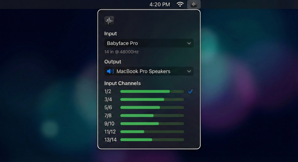 AudioPipe menu bar interface showing input/output device selection and channel-level meters
